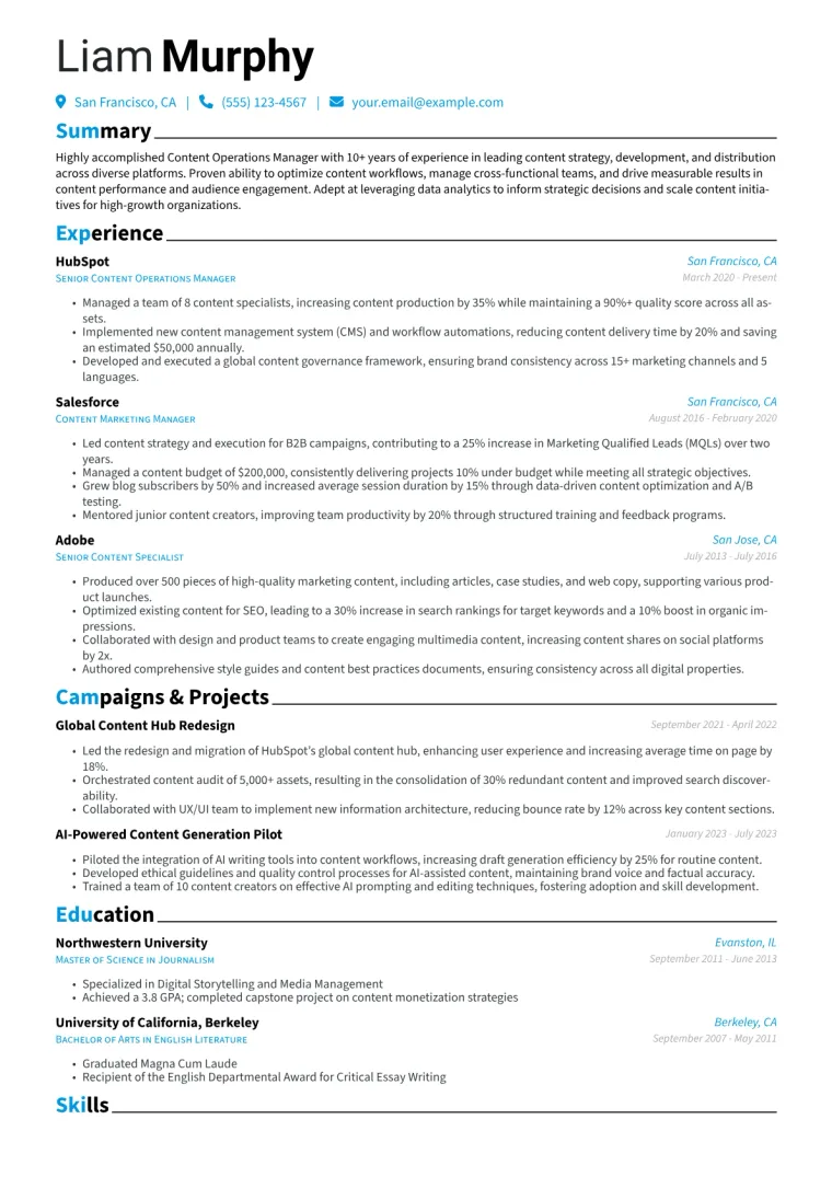 Content Operations Manager Resume Example CV template preview