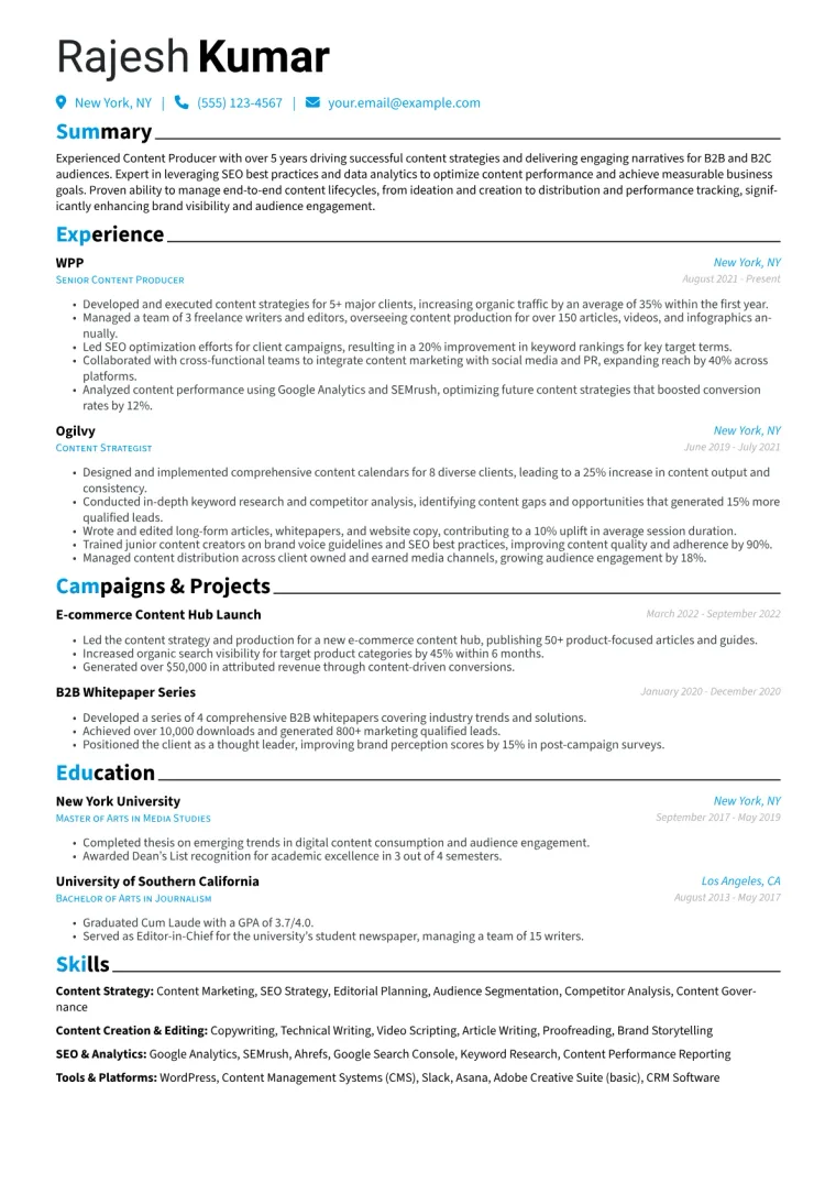 Content Producer Resume Example CV template preview