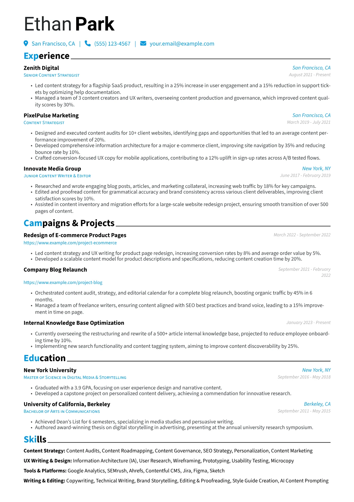 Content Strategist Resume Example CV template - Page 1