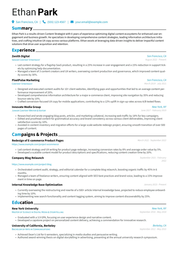 Content Strategist Resume Example CV template preview