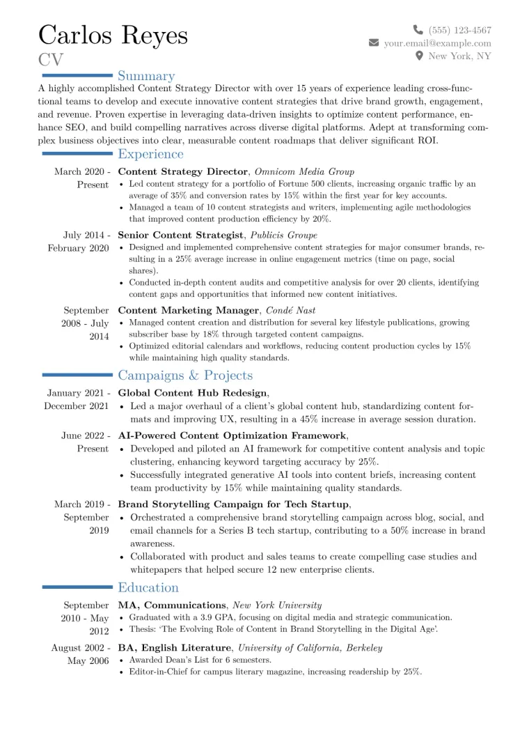 Content Strategy Director Resume Example CV template preview