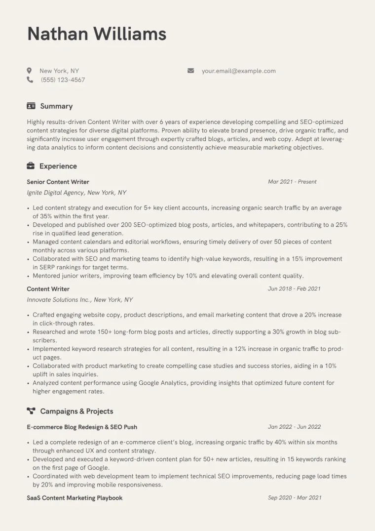 Content Writer Resume Example