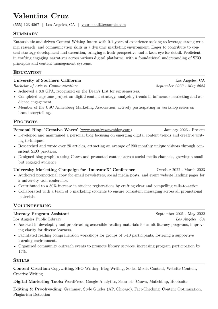Content Writing Intern Resume Example CV template preview