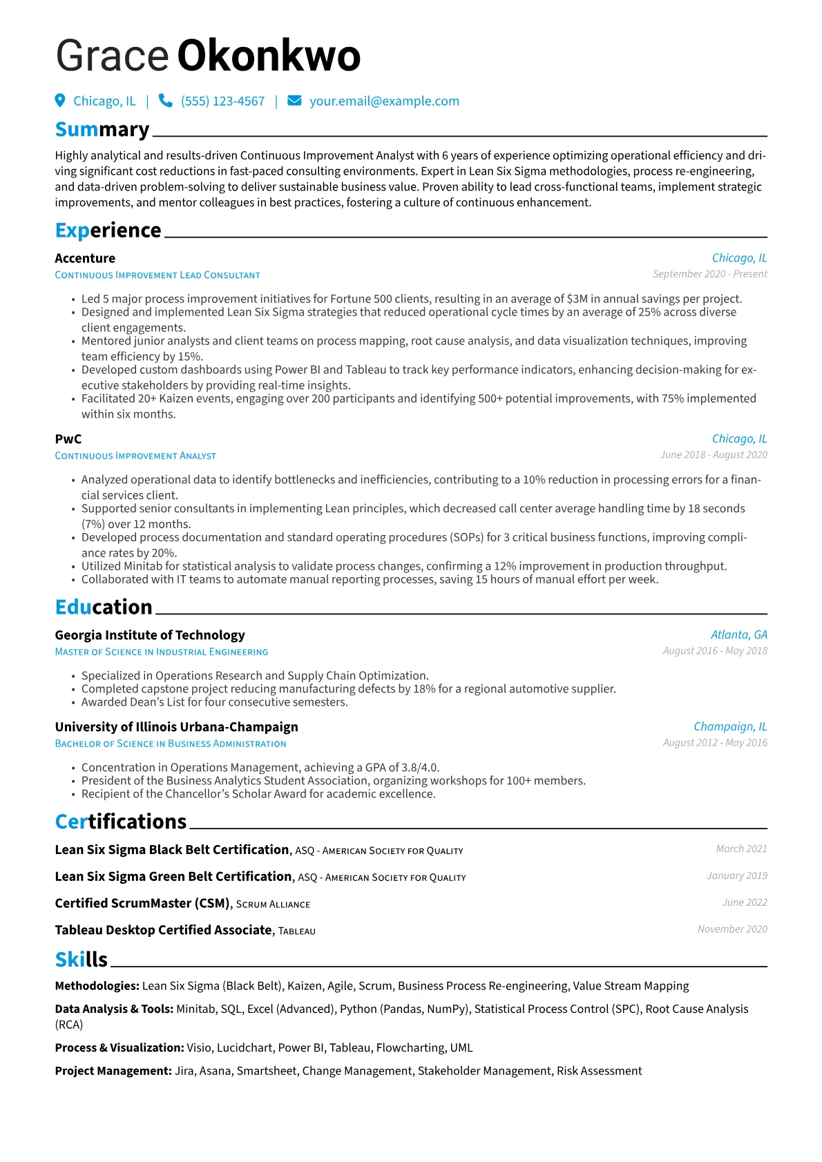 Continuous Improvement Analyst Resume Example CV template - Page 1