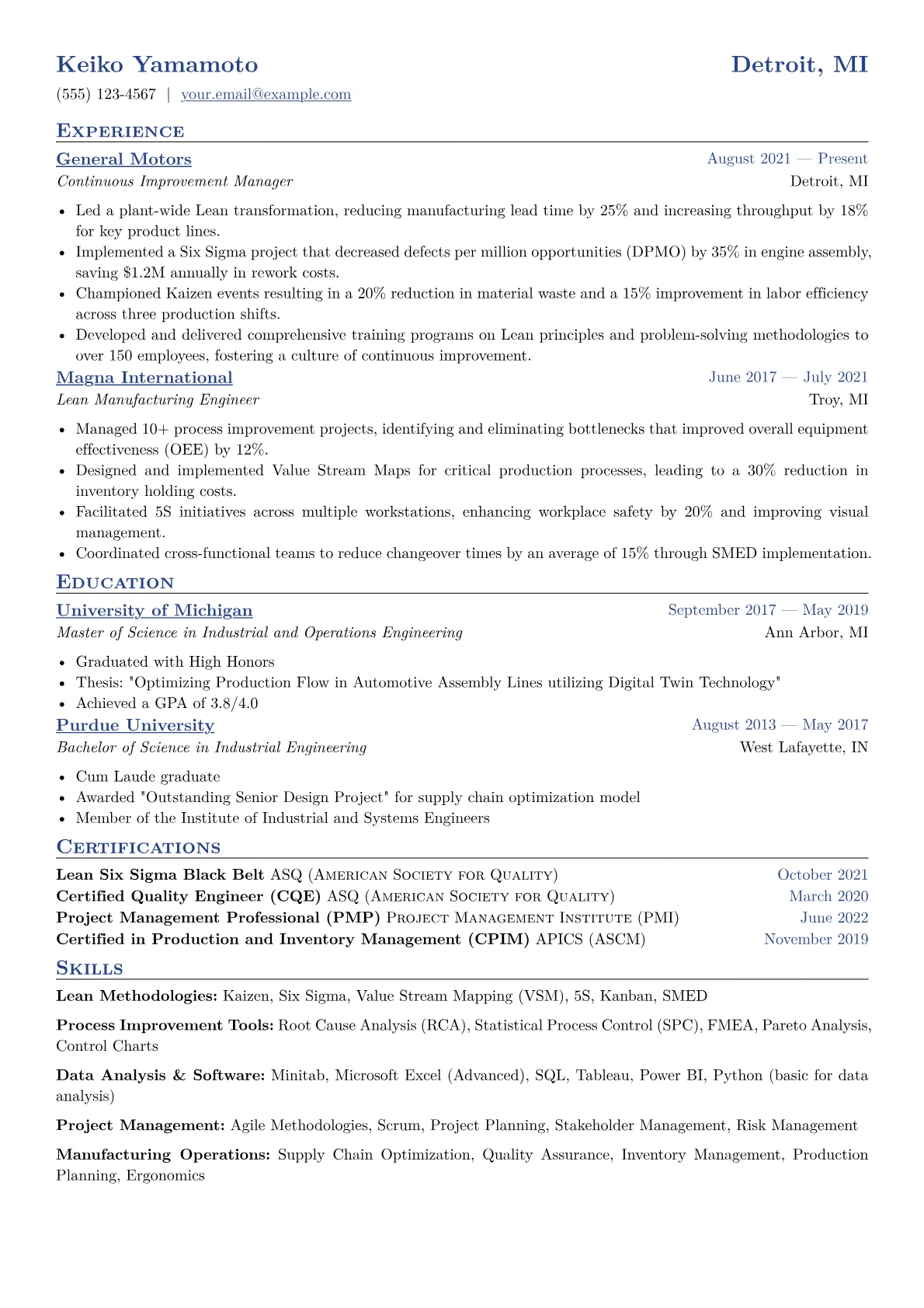 Continuous Improvement Manager Resume Example CV template - Page 1
