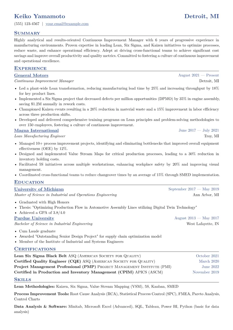 Continuous Improvement Manager Resume Example CV template preview
