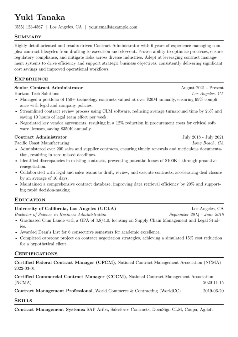 Contract Administrator Resume Example CV template preview