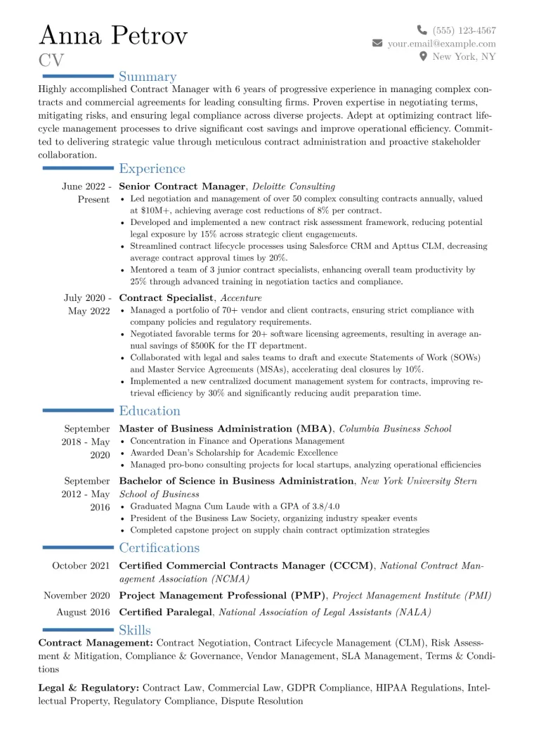 Contract Manager Resume Example CV template preview