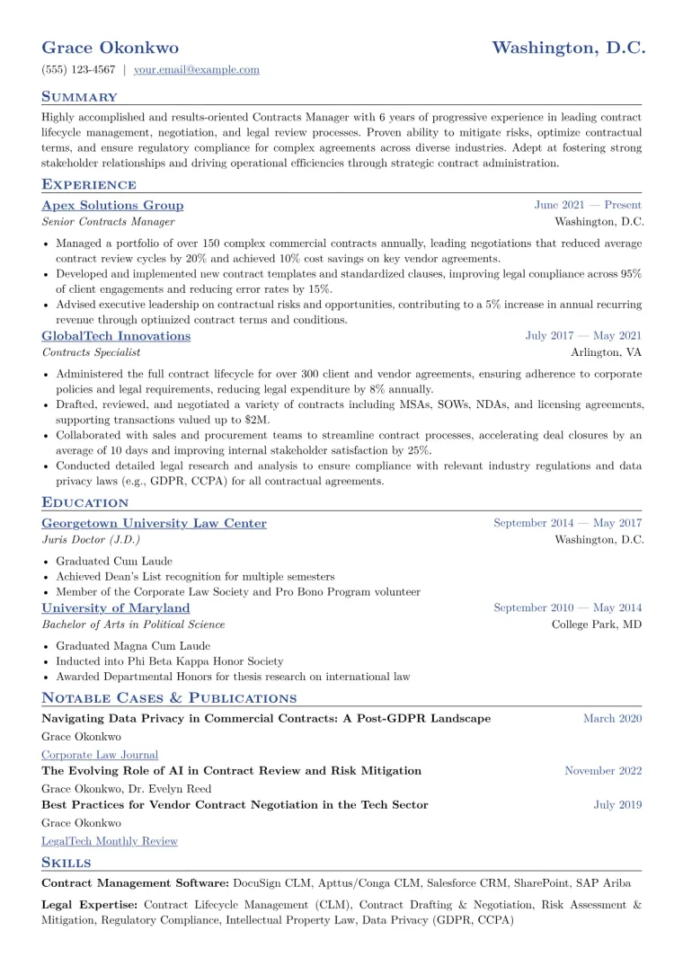 Contracts Manager Resume Example CV template preview