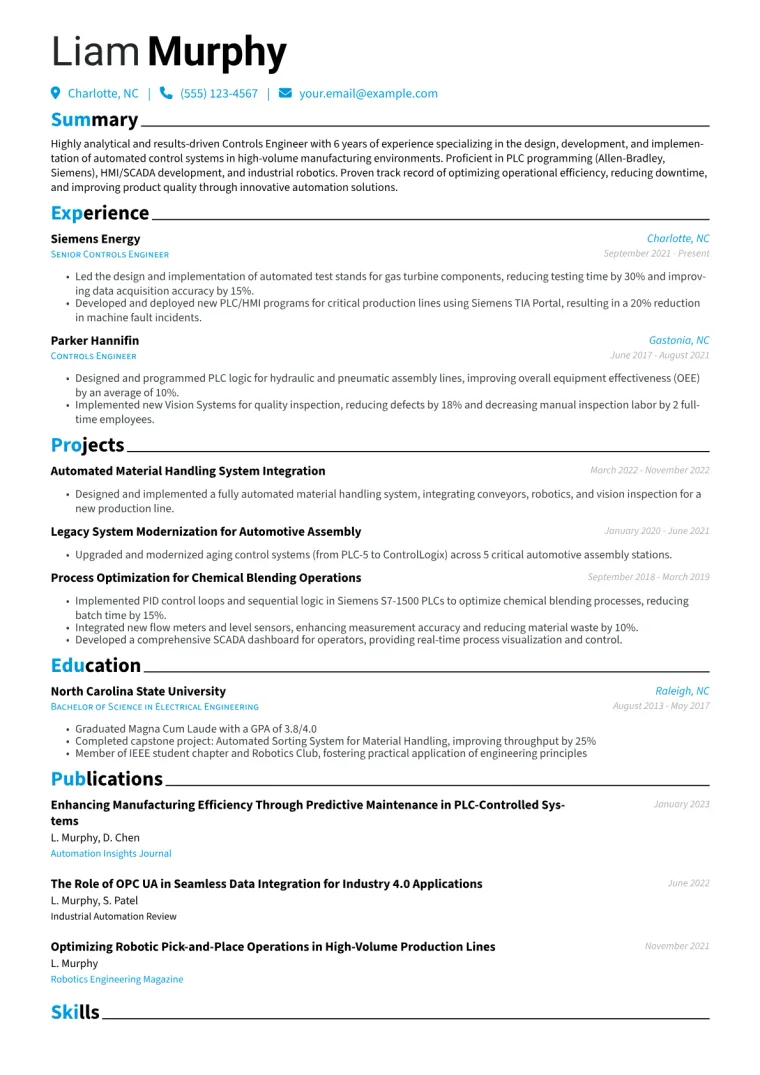 Controls Engineer Resume Example CV template preview