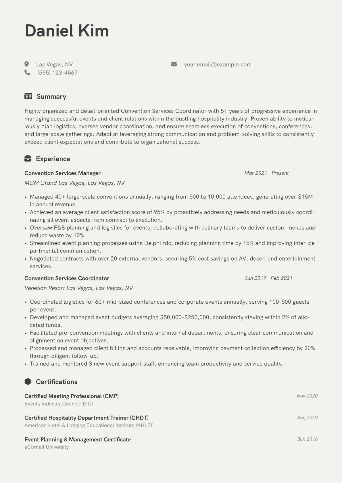 Convention Services Coordinator Resume Example CV template - Page 1