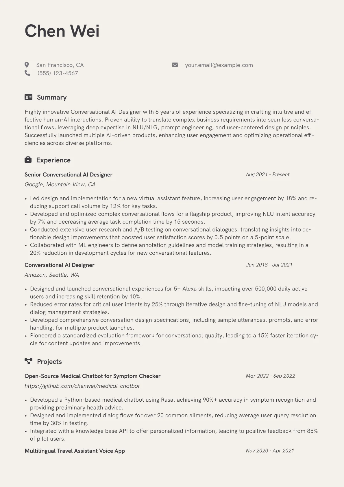 Conversational AI Designer Resume Example CV template - Page 1