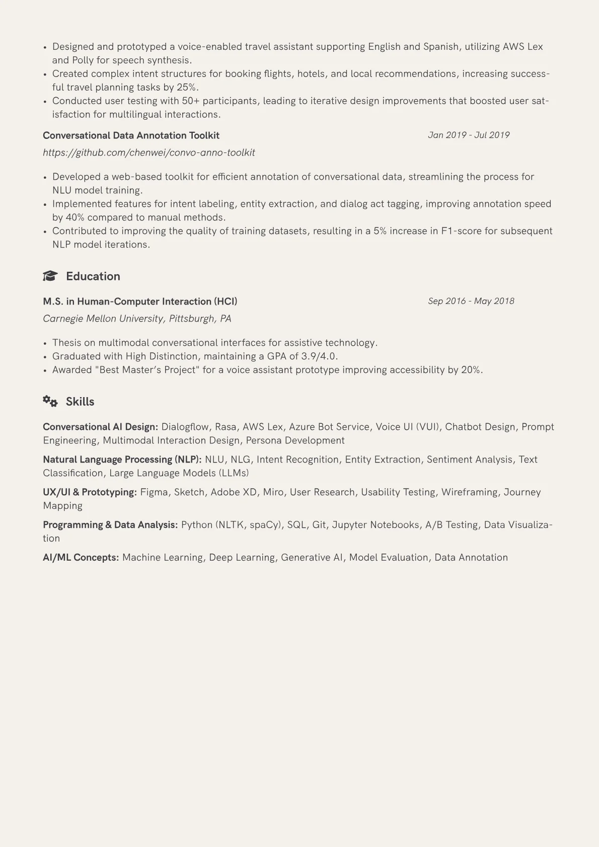 Conversational AI Designer Resume Example CV template - Page 2