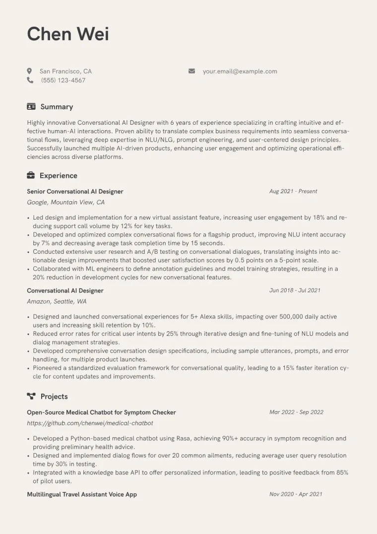 Conversational AI Designer Resume Example CV template preview