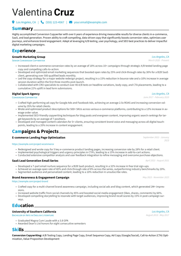Conversion Copywriter Resume Example CV template preview