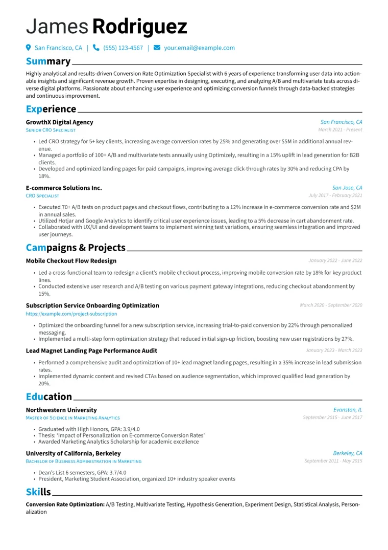 Conversion Rate Optimization Specialist Resume Example CV template preview