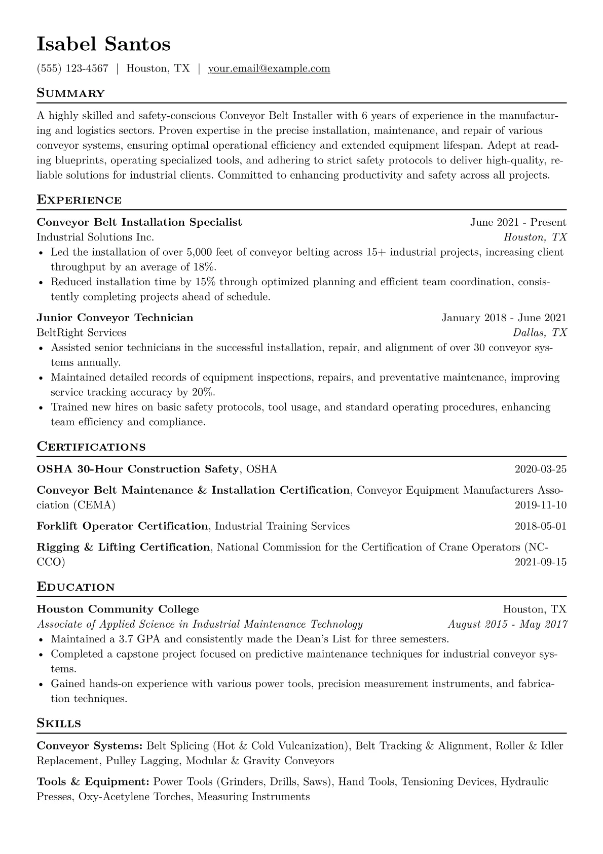 Conveyor Belt Installer Resume Example CV template - Page 1