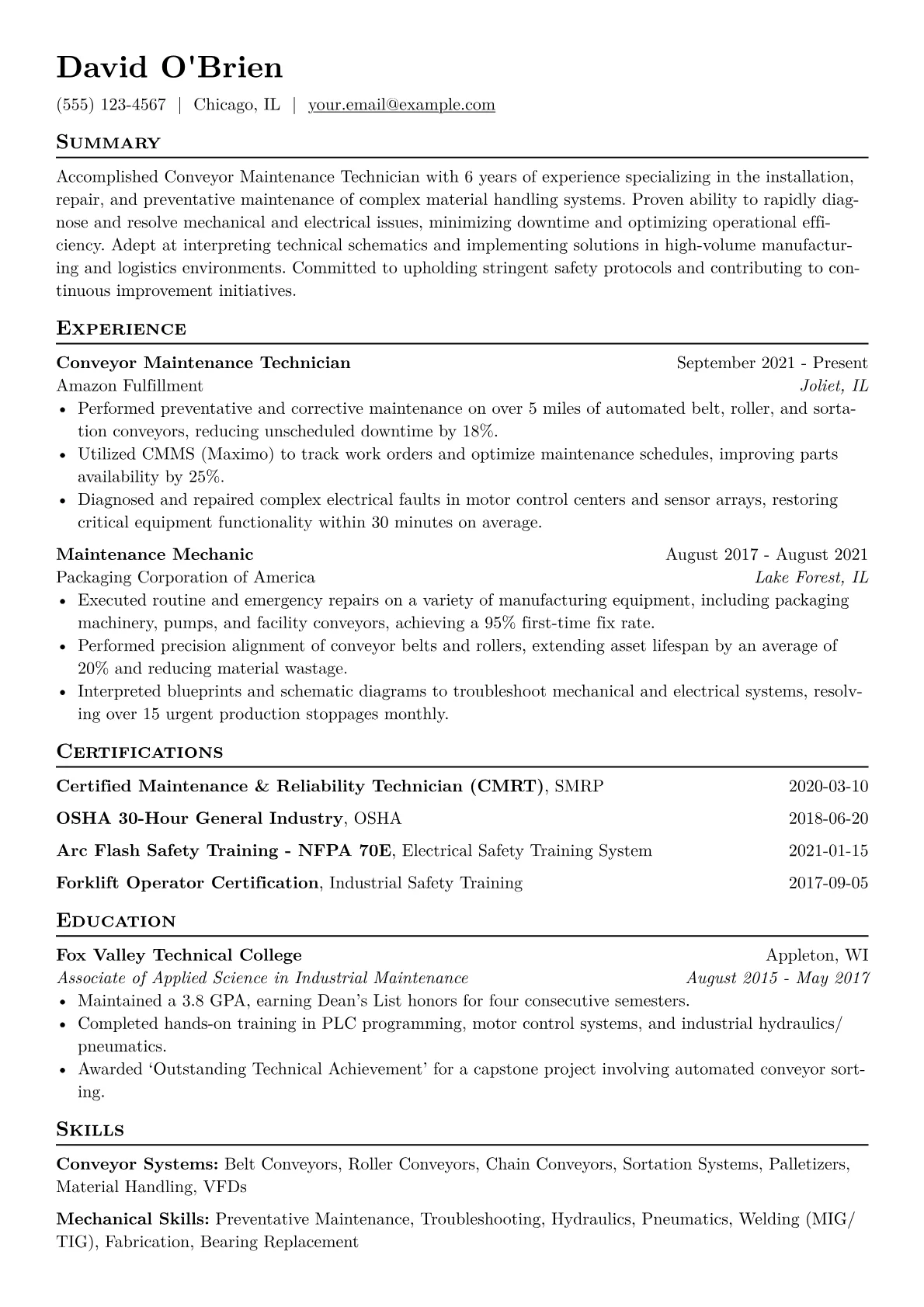 Conveyor Maintenance Technician Resume Example CV template - Page 1