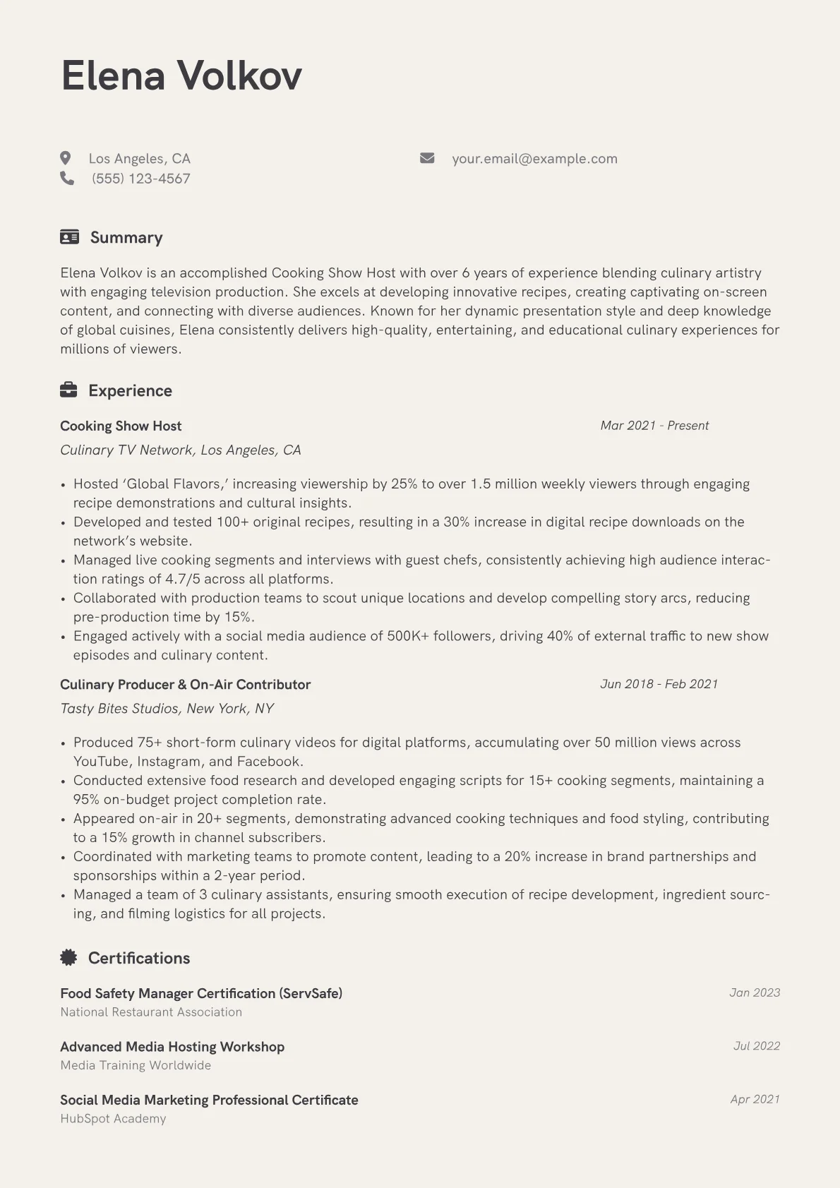 Cooking Show Host Resume Example CV template - Page 1