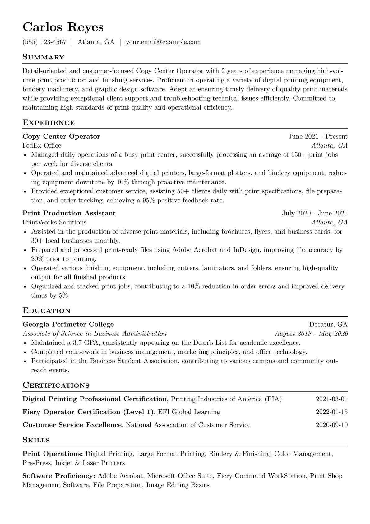Copy Center Operator Resume Example CV template - Page 1