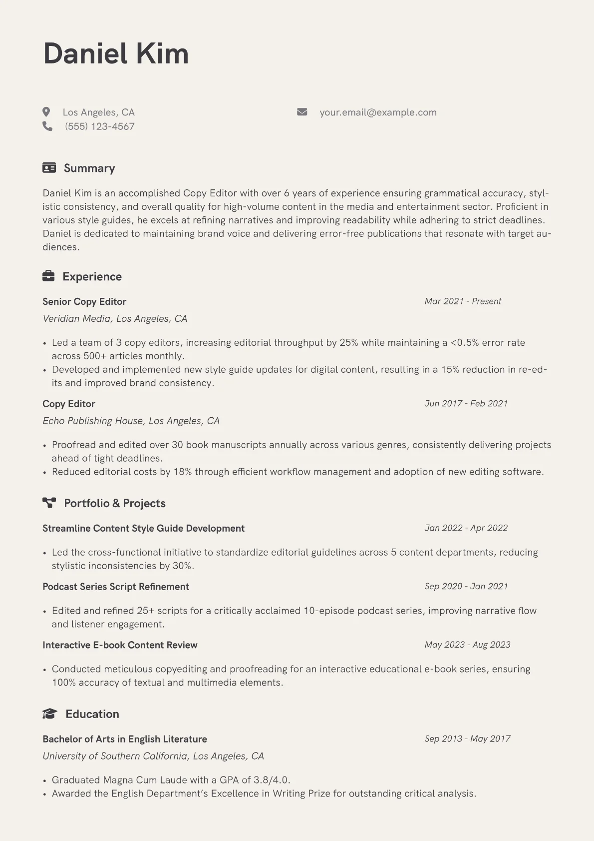 Copy Editor Resume Example CV template - Page 1