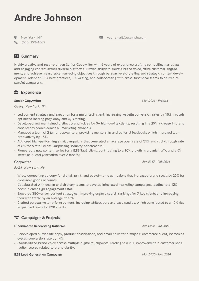 Copywriter Resume Example