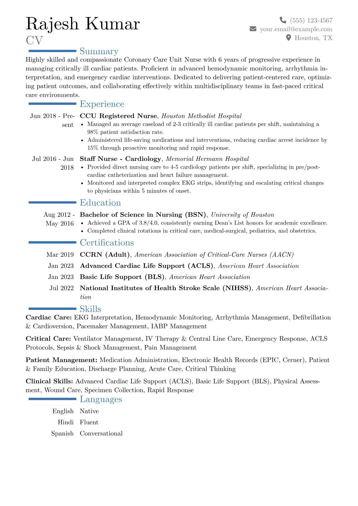 Coronary Care Unit Nurse Resume Example CV template - Page 1