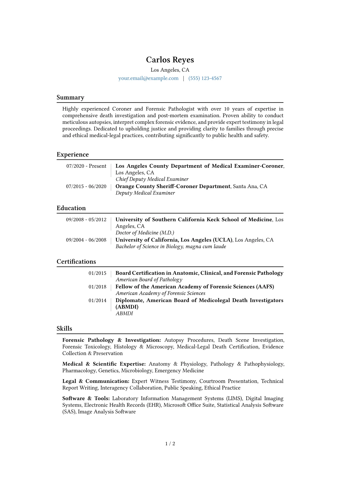 Coroner Resume Example CV template - Page 1