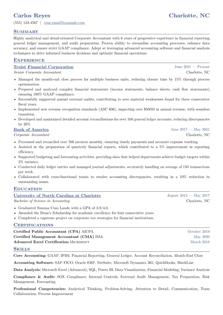 Corporate Accountant Resume Example CV template preview