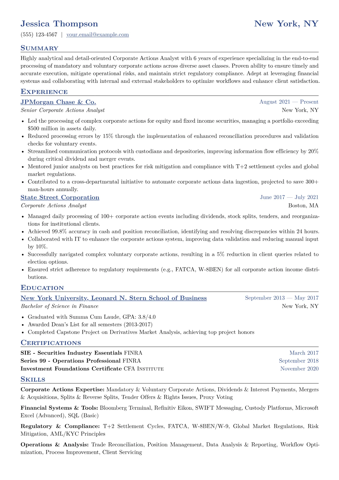 Corporate Actions Analyst Resume Example CV template - Page 1