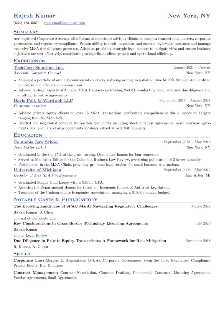 Corporate Attorney Resume Example CV template preview