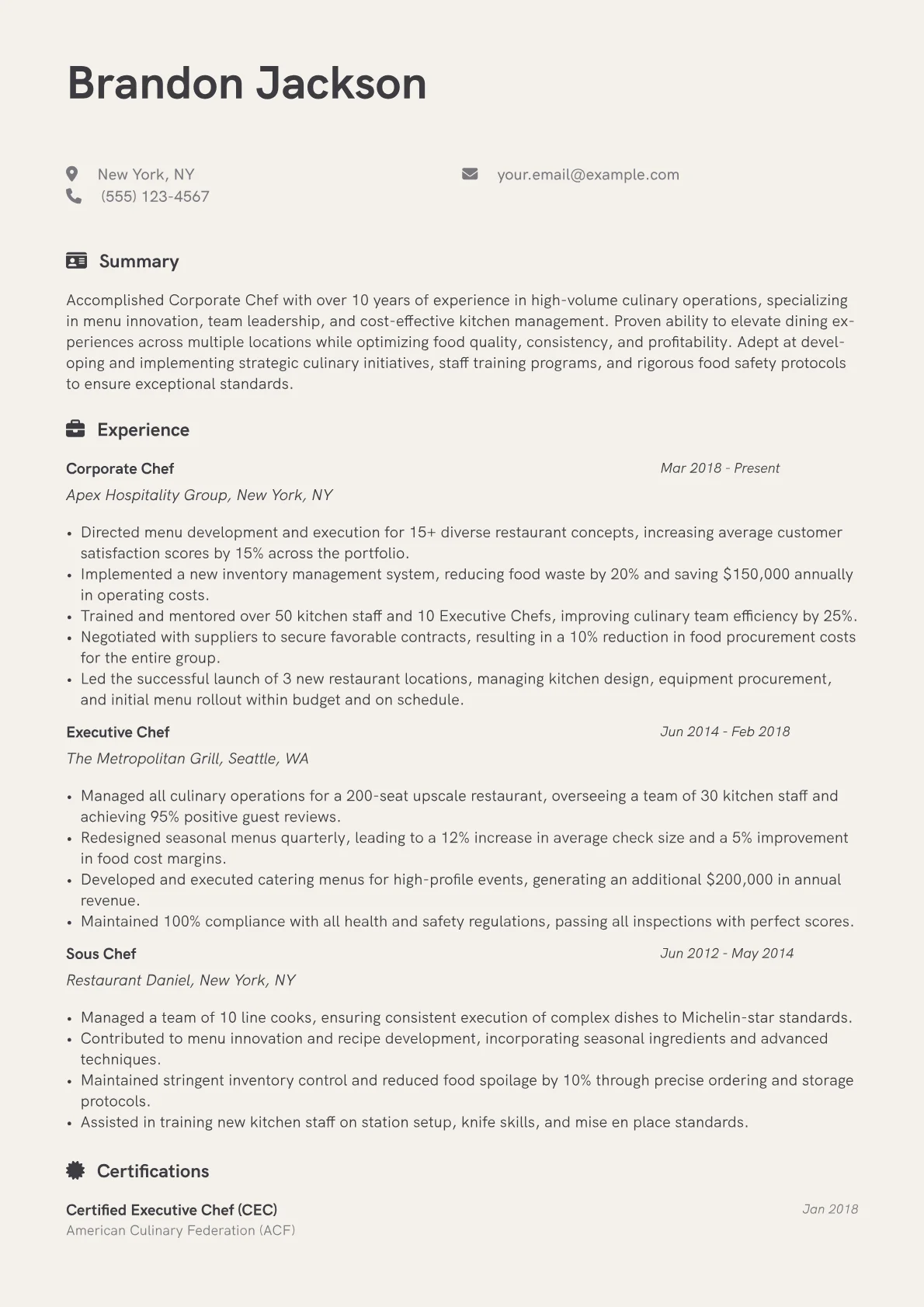 Corporate Chef Resume Example CV template - Page 1