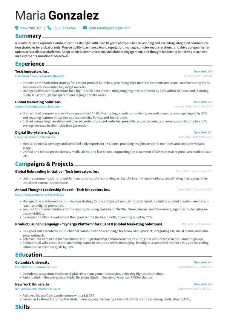 Corporate Communications Manager Resume Example CV template preview