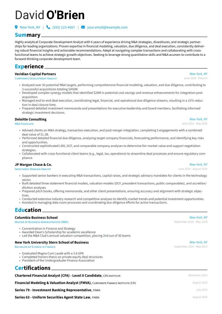 Corporate Development Analyst Resume Example CV template preview