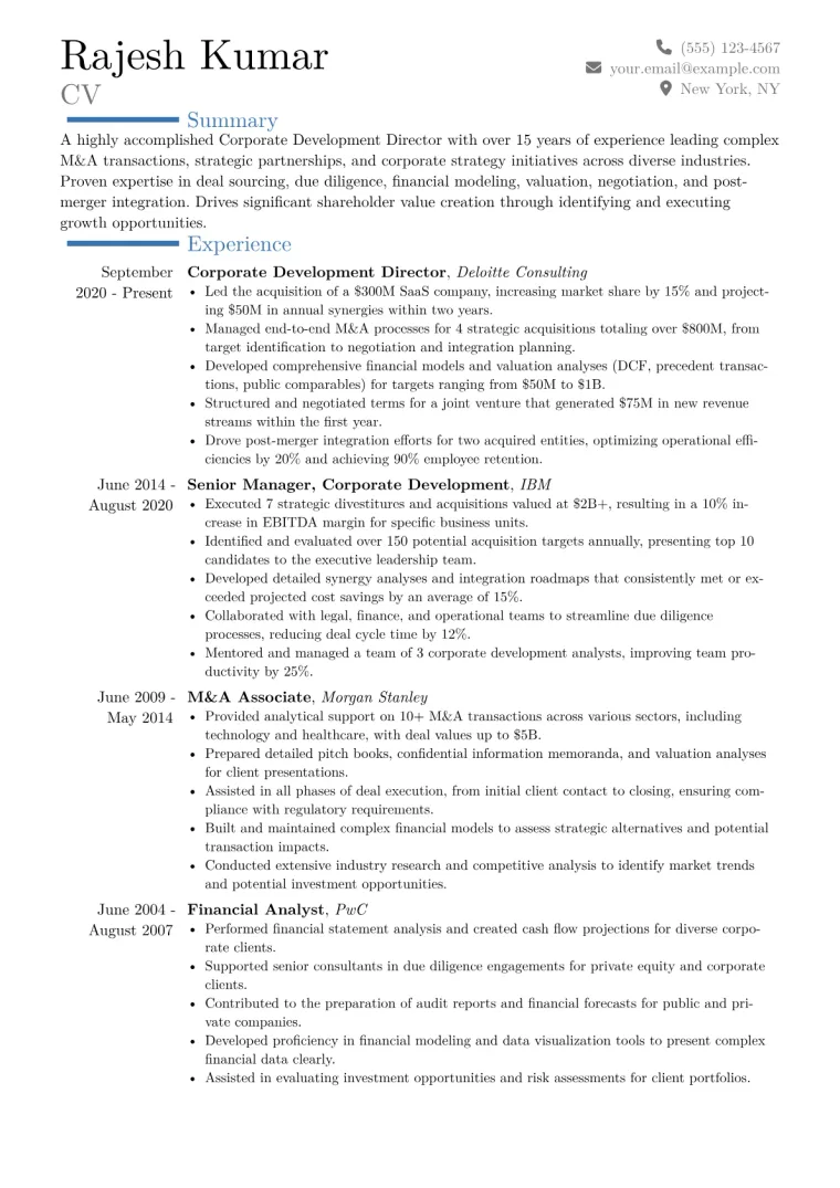 Corporate Development Director Resume Example CV template preview