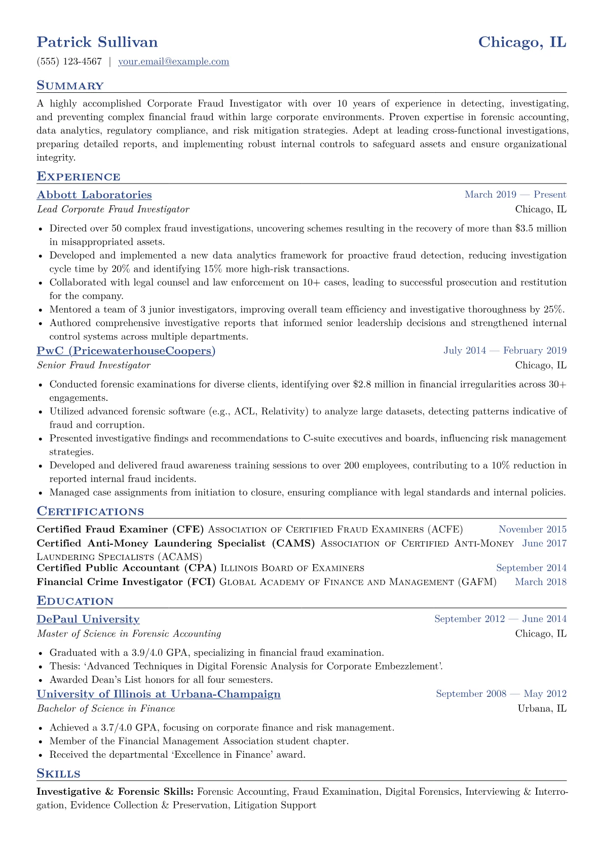 Corporate Fraud Investigator Resume Example CV template - Page 1