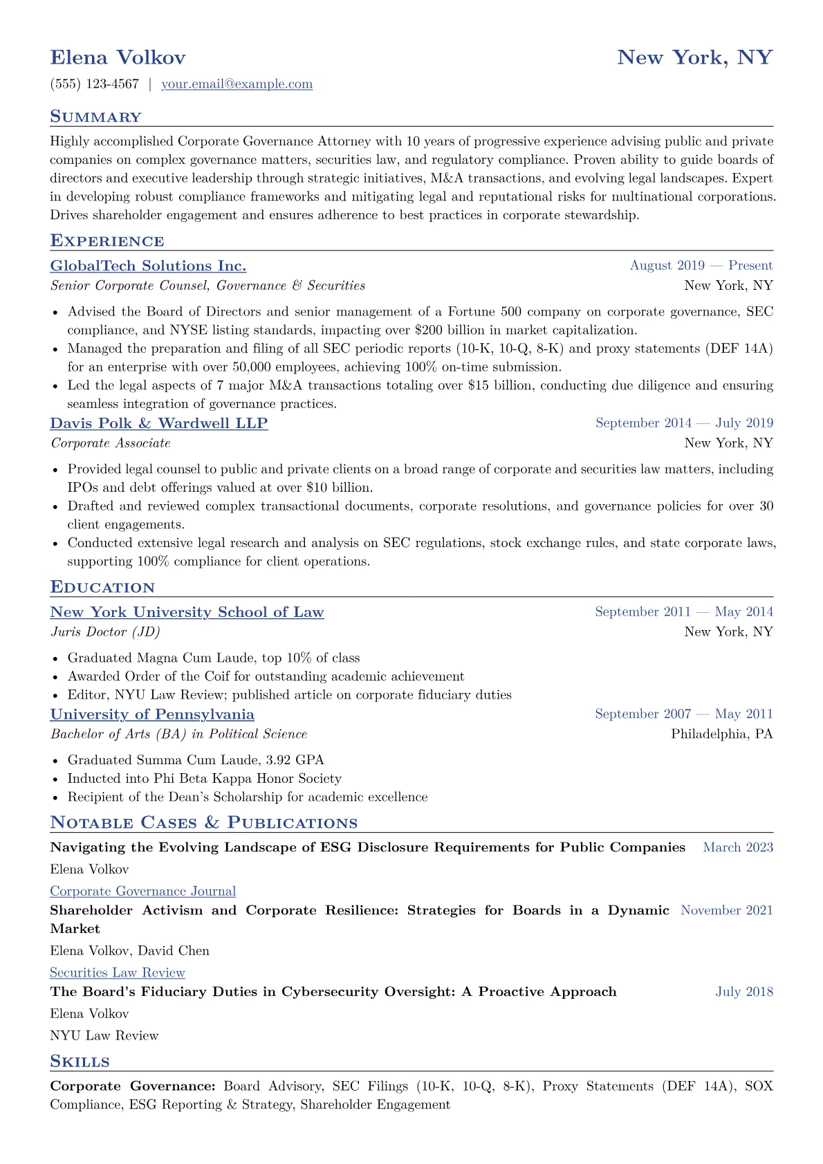 Corporate Governance Attorney Resume Example CV template - Page 1
