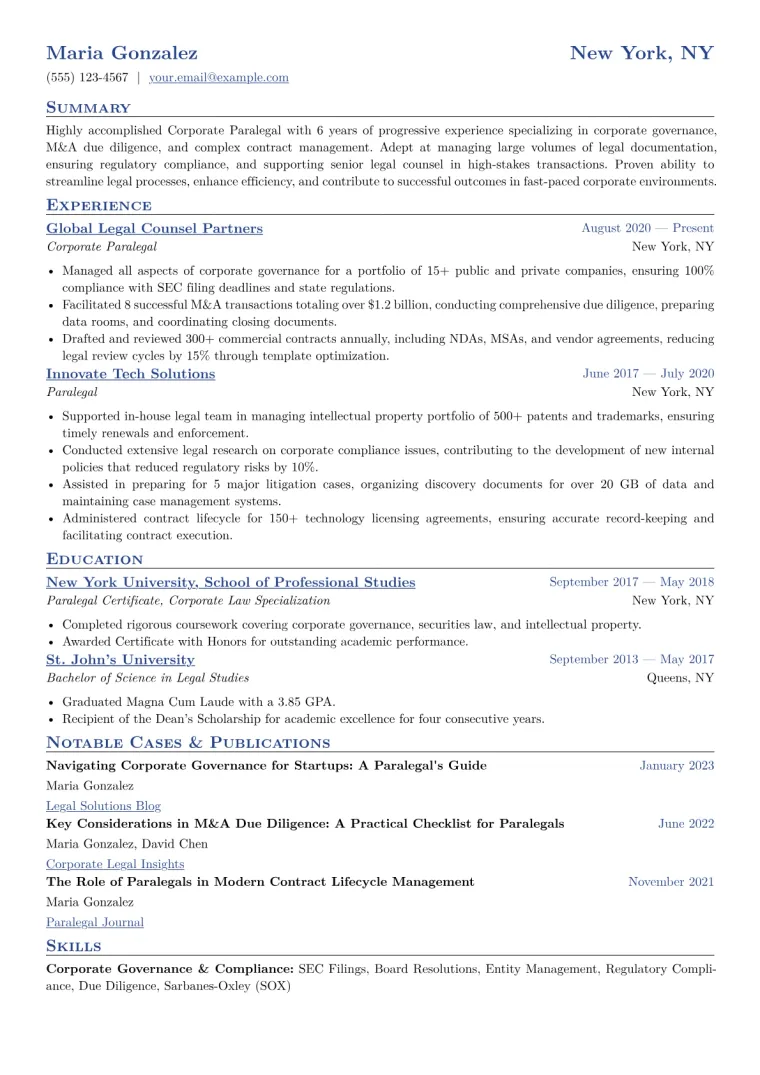 Corporate Paralegal Resume Example CV template preview