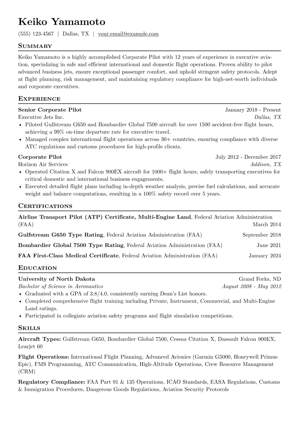 Corporate Pilot Resume Example CV template - Page 1