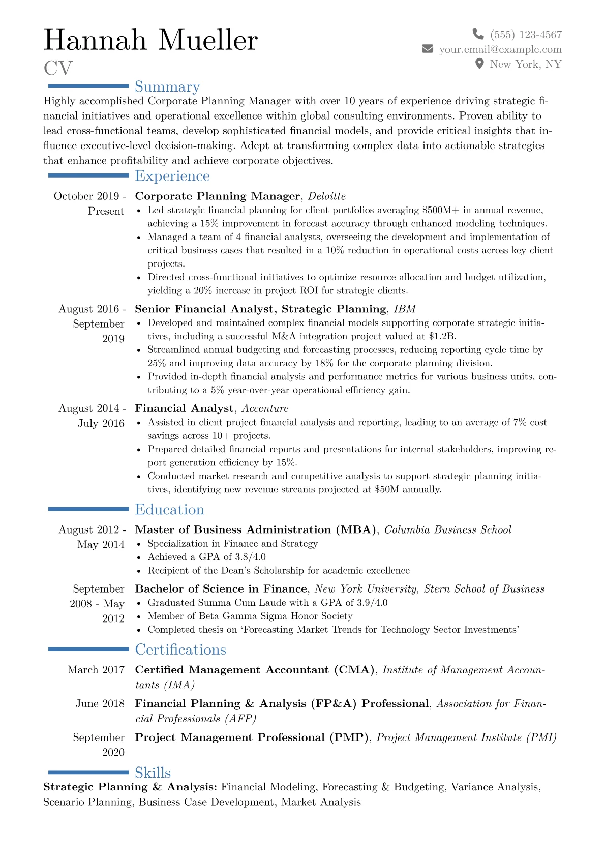 Corporate Planning Manager Resume Example CV template - Page 1