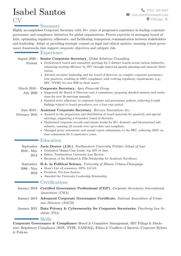 Corporate Secretary Resume Example CV template preview