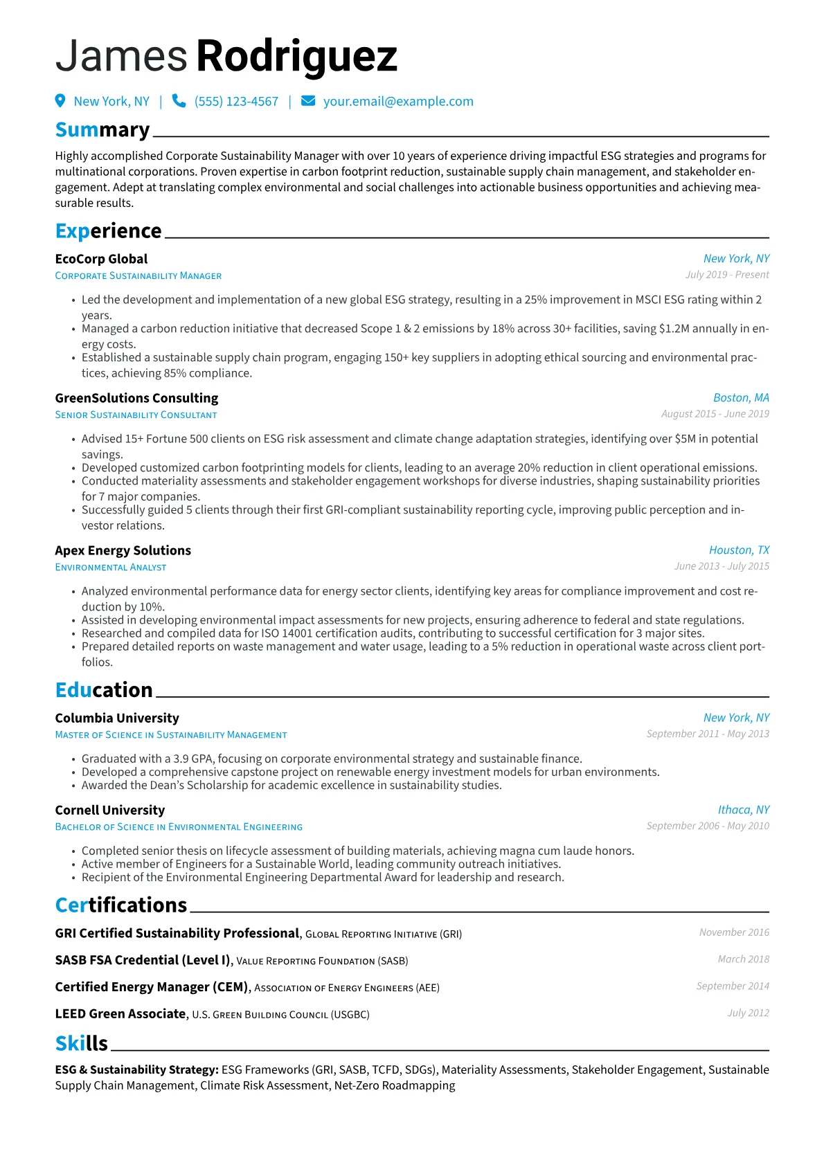 Corporate Sustainability Manager Resume Example CV template - Page 1