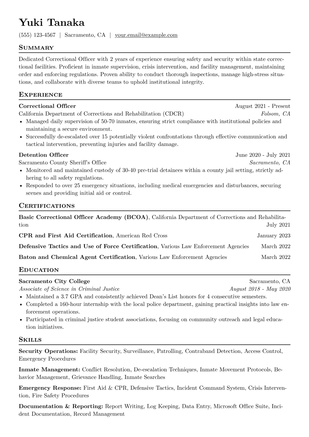 Correctional Officer Resume Example CV template - Page 1