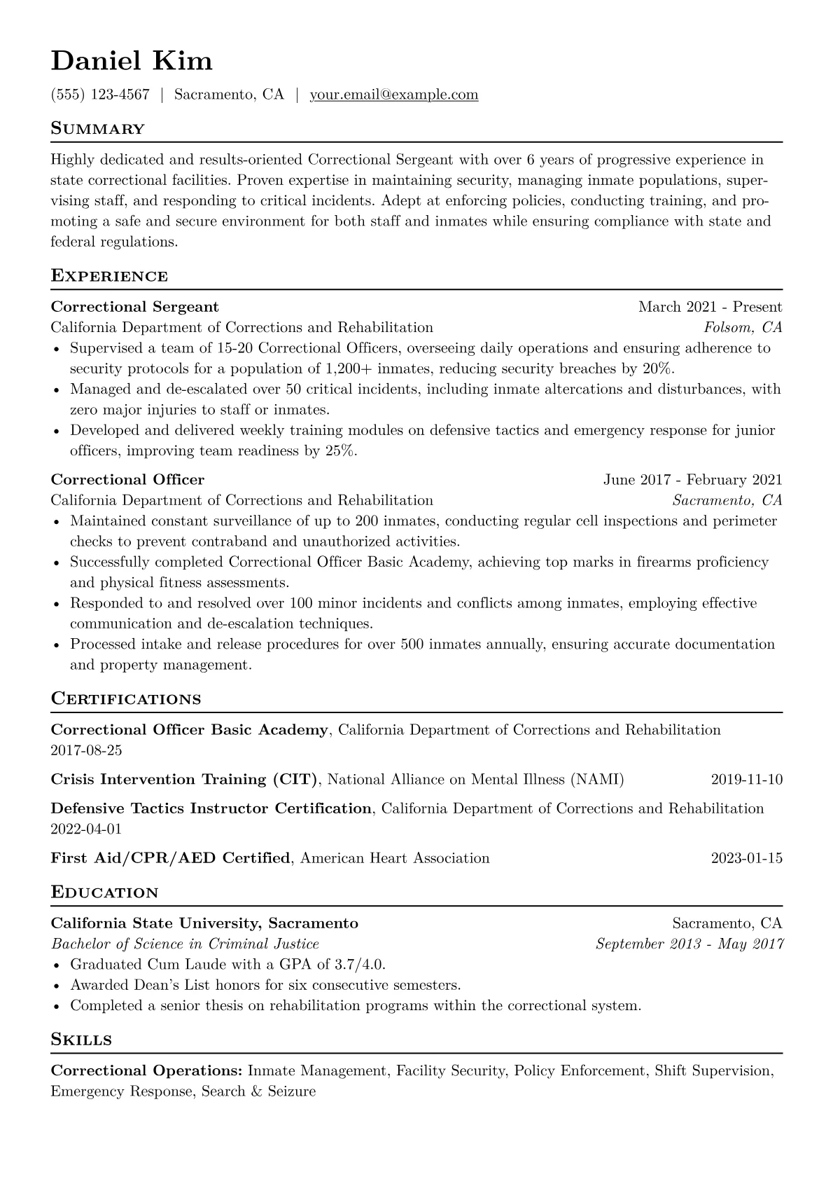 Correctional Sergeant Resume Example CV template - Page 1