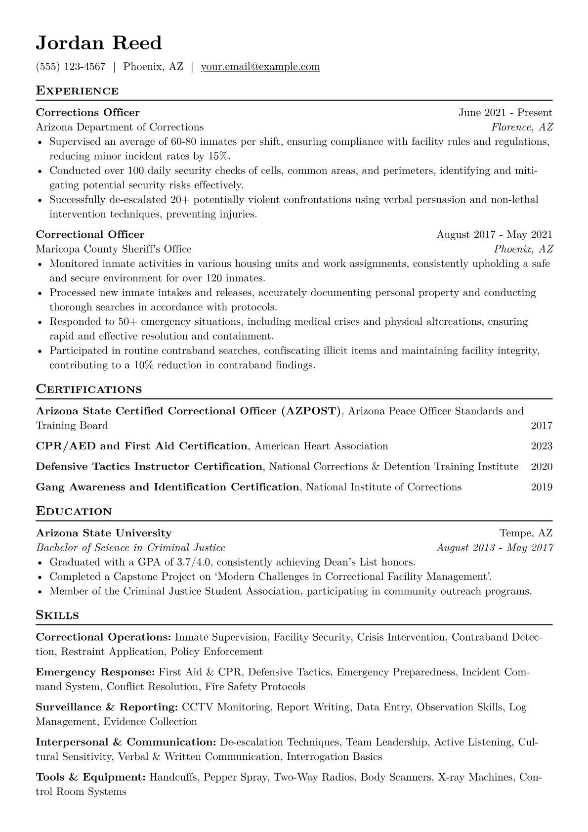 Corrections Officer Resume Example CV template - Page 1