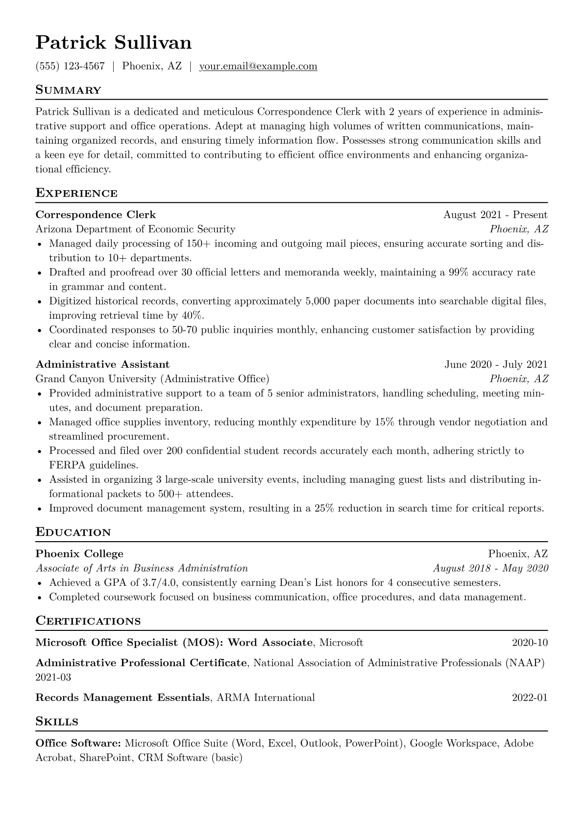Correspondence Clerk Resume Example CV template - Page 1
