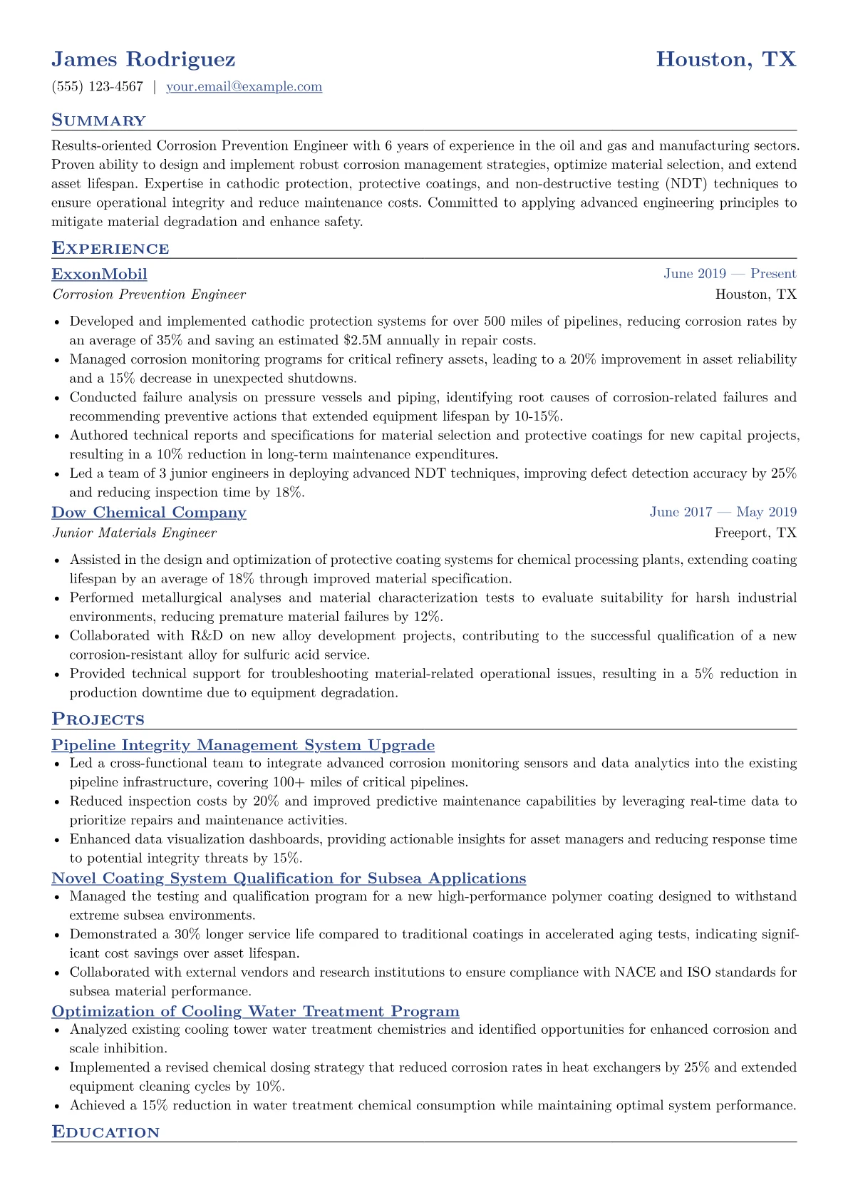 Corrosion Prevention Engineer Resume Example CV template - Page 1