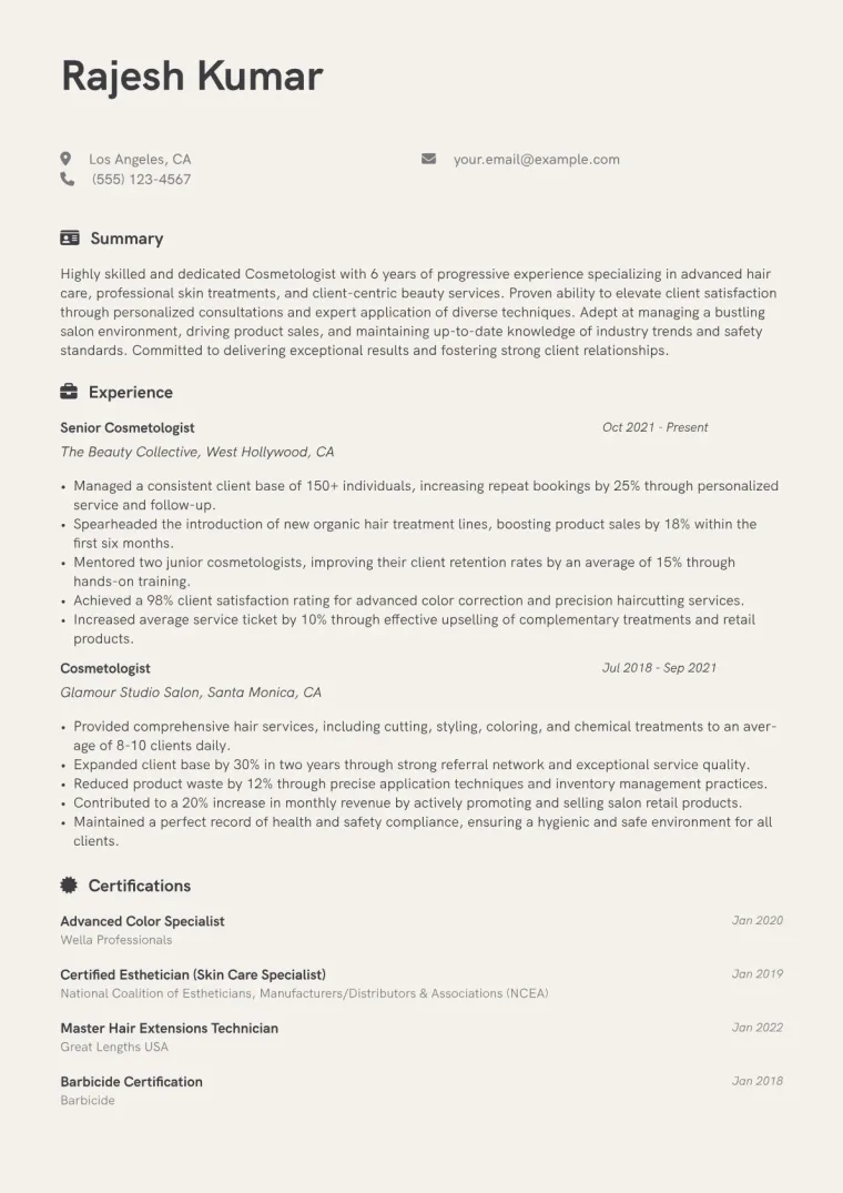 Cosmetologist Resume Example CV template preview