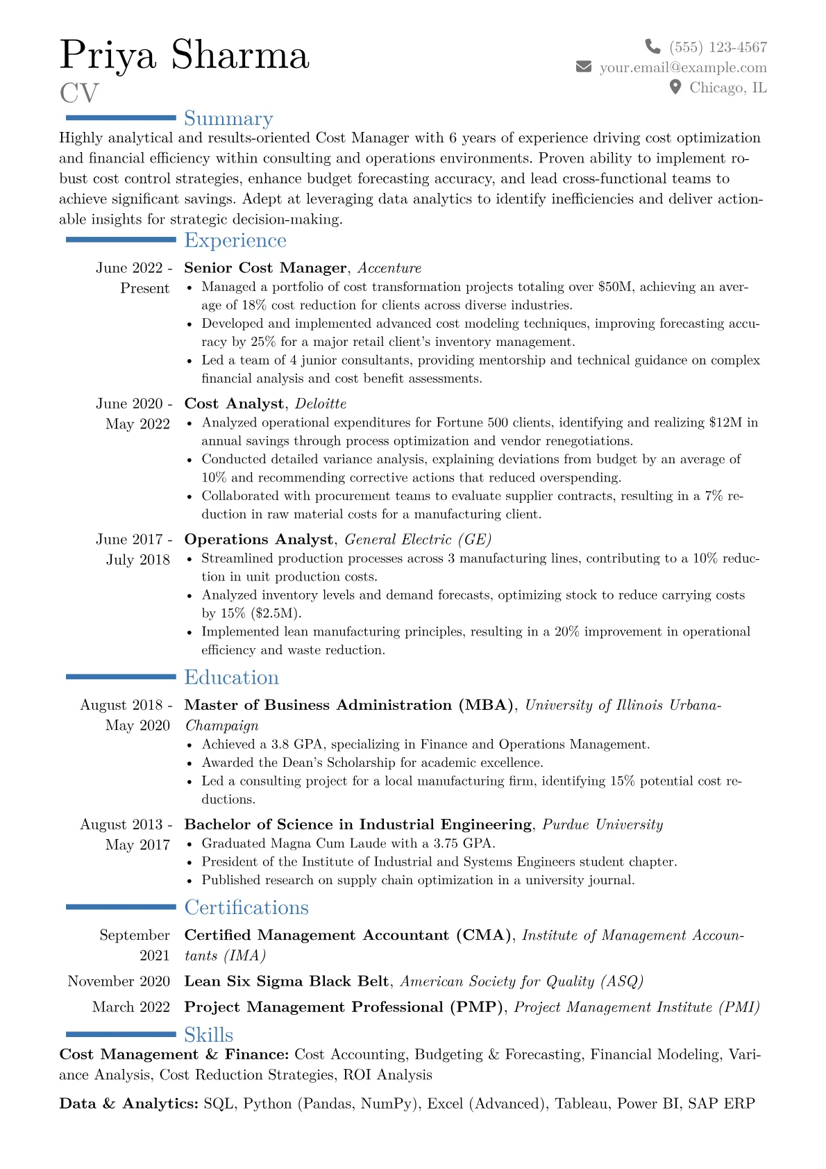 Cost Manager Resume Example CV template - Page 1