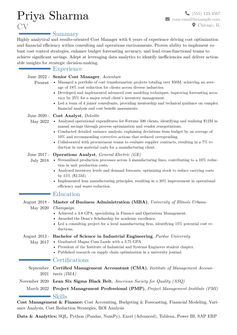 Cost Manager Resume Example CV template preview